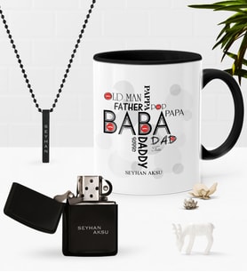 BK Gift Kişiye Özel Baba Siyah Kupa Benzinli Çakmak Kolye Seti (Model 1)