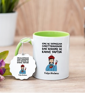 Bak Kendime De Kahve Yaptım Yeşil Kupa Bardak ve Anahtarlık Set