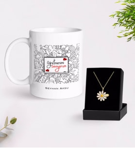 BK Gift Kişiye Özel Öğretmenimi Seviyorum Beyaz Kupa ve Papatya Kolye Hediye Seti-1 (Model 1)