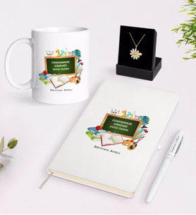 BK Gift Kişiye Özel Öğretmenler Günümüz Kutlu Olsun Beyaz Kupa Defter Kalem ve İsimli Papatya Kolye Hediye Seti-7 (Model 1)