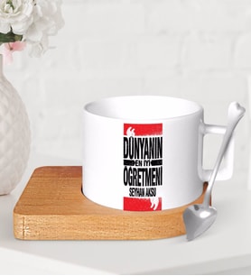 BK Gift Kişiye Özel Dünyanın En İyi Öğretmeni Ahşap Altlıklı Seramik Fincan-1 (Beyaz)