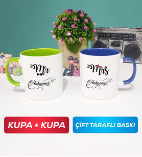İkili Çiftlere Özel Mr Mrs Sevgiliye Hediye Kupa Bardak Yeşil Lacivert
