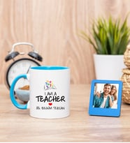 Öğretmene Hediye Mavi Kupa Bardak ve Mavi Mini Fotoğraf Çerçevesi
