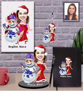 Kişiye Özel Yılbaşı Bayan Karikatürlü 5 li Hediye Seti Model-2