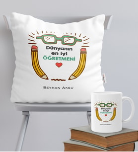 BK Gift Kişiye Özel Dünyanın En İyi Öğretmeni Temalı Yastık Kupa Seti - 17