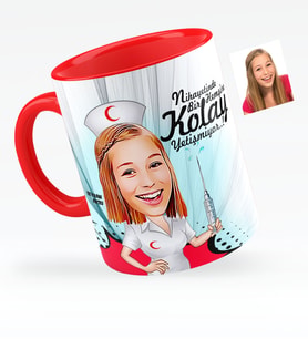 BK Gift Kişiye Özel Hemşire Karikatürlü Kırmızı Kupa Bardak  1