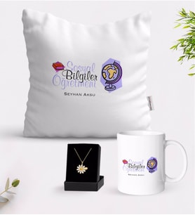 BK Gift Kişiye Özel Sosyal Bilgiler Öğretmeni Beyaz Kupa Yastık ve İsimli Papatya Kolye Hediye Seti-2 (Model 1)