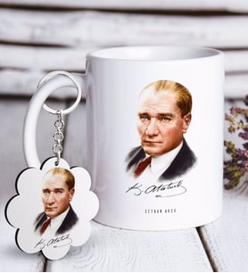 BK Gift Kişiye Özel Atatürk Temalı Beyaz Kupa ve Anahtarlık Hediye Seti-12 (Model 1)