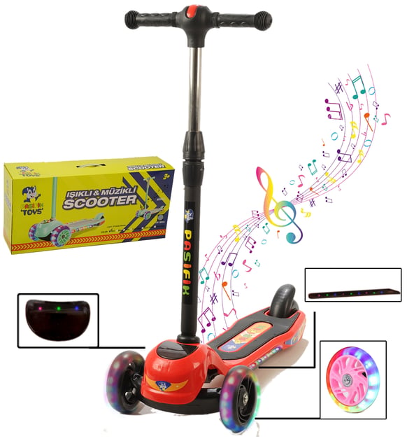 Müzikli ve LED Işıklı Büyük Üç Teker ve Işıklı Gövdeli Çocuk Scooter (Kırmızı)