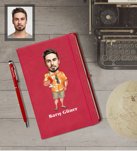 Kişiye Özel Erkek Karikatürlü  Kırmızı Defter Kalem Hediye Seti Model-10