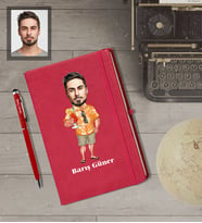 Kişiye Özel Erkek Karikatürlü  Kırmızı Defter Kalem Hediye Seti Model-10