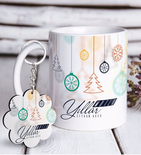 BK Gift Kişiye Özel Yılbaşı Mutlu Yıllar Beyaz Kupa ve Anahtarlık Hediye Seti-15 (Model 1)