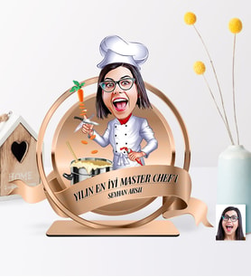 BK Gift Kişiye Özel Yılın En İyi Bayan Chef'i Karikatürlü 3D Ahşap Plaket - 1