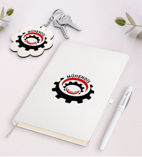 BK Gift Kişiye Özel Mühendis Beyaz Defter Kalem ve Anahtarlık Hediye Seti-3 (Model 1)