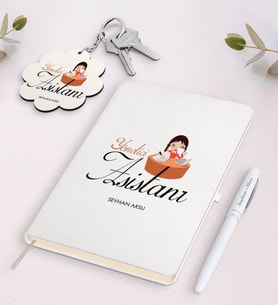BK Gift Kişiye Özel Yönetici Asistanı Beyaz Defter Kalem ve Anahtarlık Hediye Seti (Model 1)