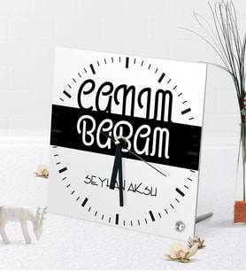 BK Gift Kişiye Özel Canım Babam Masaüstü Kare Cam Saat-4 (Beyaz)