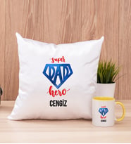 Super Dad Babaya Hediye Kare Yastık ve Sarı Kupa Bardak
