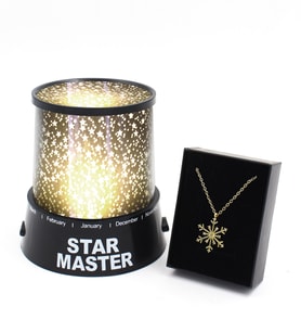 Gold Renk Kar Tanesi Kolye & Star Master Yıldız Yansımalı Gece Lambası Hediye Seti
