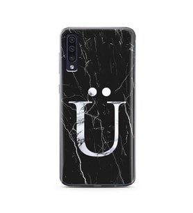 Samsung A50 Siyah Mermer Harf Tasarımlı Telefon Kılıfı Ü-Harfi 