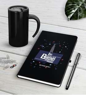 BK Gift Kişiye Özel İlk Babalar Günün Kutlu Olsun Siyah Defter Kalem Termos Mug Seti-1 (Model 1)