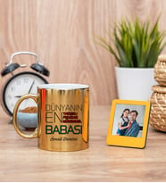 Dünyanın En İyi Babası Gold Kupa Bardak ve Sarı Mini Fotoğraf Çerçevesi