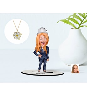 BK Gift Kişiye Özel Kadın Mühendis Karikatürlü 3D Ahşap Biblo ve İsimli Tarihli Papatya Kolye Seti (Model 1)