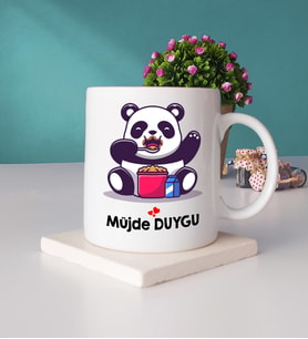 Sevimli Panda Tasarımlı Kişiye Özel Panda Kupa Bardak ve Taş Bardak Altlığı Seti