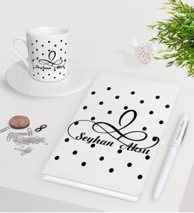 BK Gift Kişiye Özel İsimli Beyaz Defter Kalem Türk Kahvesi Fincanı Seti-4 (Model 1)