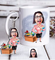 BK Gift Kişiye Özel Bayan Öğretmen Karikatürlü Beyaz Kupa ve Anahtarlık Hediye Seti-5 (Model 1)