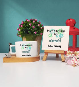 Mekatronik Mühendisi Ahşap Altlıklı Fincan ve Dekoratif Taş Baskı Seti