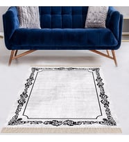 Osmanlı Motif Çerçeveli Dijital Baskı Yıkanabilir Kaymaz Taban Düz Salon Halı ve Yolluk (Açık Gri)