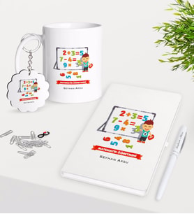 BK Gift Kişiye Özel Matematik Öğretmeni Kupa Anahtarlık Beyaz Defter Kalem Hediye Seti-5 (Model 1)