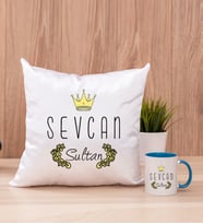 Evimizin SultanI Kare Yastık ve Mavi Kupa Bardak