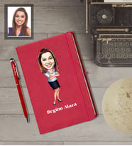 Kişiye Özel Öğretmen Karikatürlü  Kırmızı Defter Kalem Hediye Seti Bayan-5
