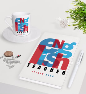 BK Gift Kişiye Özel İngilizce Öğretmeni Beyaz Defter Kalem Türk Kahvesi Fincanı Seti-10 (Model 1)