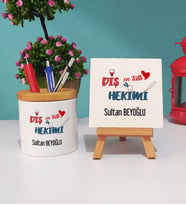 Mesajlı Diş Hekimi Hediye Kalemlik ve Dekoratif Taş Baskı Hediye Seti