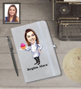 Kişiye Özel Pastacı Karikatürlü Gri Defter Kalem Hediye Seti  Bayan-2