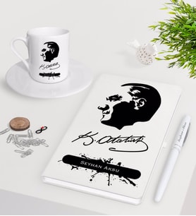 BK Gift Kişiye Özel Atatürk Temalı Beyaz Defter Kalem Türk Kahvesi Fincanı Seti-4 (Model 1)