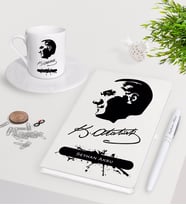 BK Gift Kişiye Özel Atatürk Temalı Beyaz Defter Kalem Türk Kahvesi Fincanı Seti-4 (Model 1)