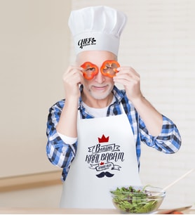 BK Gift Kişiye Özel Benim Kral Babam Erkek Mutfak Önlüğü ve Aşçı Şapkası Seti (Beyaz)