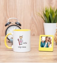 Bayan Diş Hekimi Karikatürü Sarı Kupa Bardak ve Sarı Mini Fotoğraf Çerçevesi