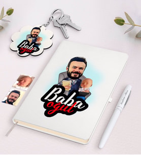 BK Gift Kişiye Özel Baba Oğul Karikatürlü Beyaz Defter Kalem ve Anahtarlık Hediye Seti-4 (Model 1)