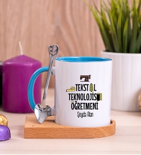 Tekstil Teknolojisi Öğretmeni Ahşap Altlıklı Mavi Kupa Bardak