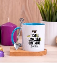 Tekstil Teknolojisi Öğretmeni Ahşap Altlıklı Mavi Kupa Bardak