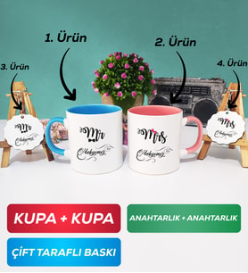 İkili Mavi Pembe Çiftlere Özel Mr Mrs Sevgiliye Hediye Kupa Bardak Anahtarlık