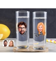 BK Gift Kişiye Özel Renkli Baskılı Erkek ve Kadın Yüz Karikatürlü İkili Vodka Bardağı-1 (Beyaz)