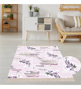 Çiçek Desenli Çerçeveli Dijital Baskı Yıkanabilir Kaymaz Taban Modern Salon Halı ve Yolluk (Ekru)