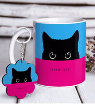BK Gift Kişiye Özel Sevimli Kedi Beyaz Kupa ve Anahtarlık Hediye Seti-5 (Model 1)