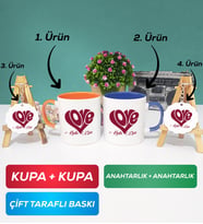 İkili Turuncu Lacivert Love Tasarımlı Sevgililer Günü Hediyesi Kupa Bardak Anahtarlık