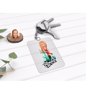 BK Gift Kişiye Özel Kadın Karikatürlü Şeffaf Pleksi Anahtarlık-24 (Beyaz)